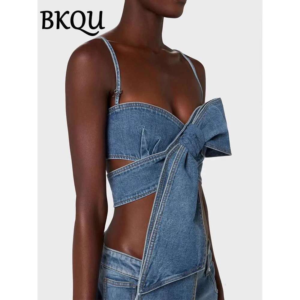 BKQU Denim Pants Set Women 2024 Designer Outfits Bows Spaghetti Straps Corset Tank Tops And Wide Leg Straight Jeans 2 Piece Sets