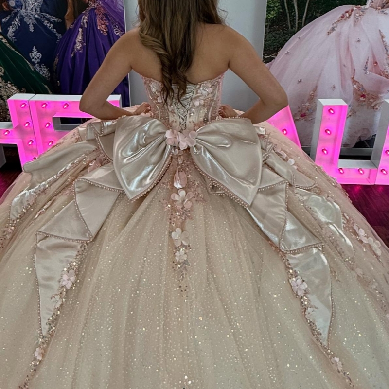 Pink Shiny Princess Quinceanera Dresses Off Shoulder Applique Flower Beads Bow Tull Sweet 16 Dress Ball Gown Vestidos 15 De Anos