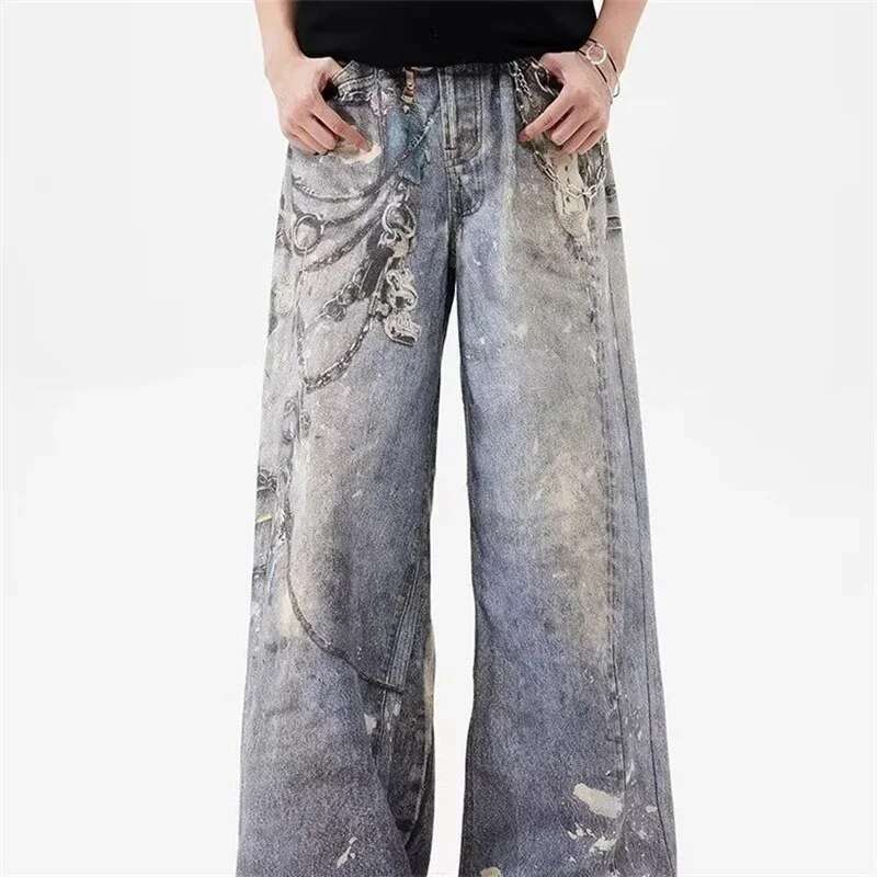 New 3D Chain Printed Jeans For Men And Women Casual Baggy Straight Denim Pants High Street Wide-Leg Y2k Blue Jean
