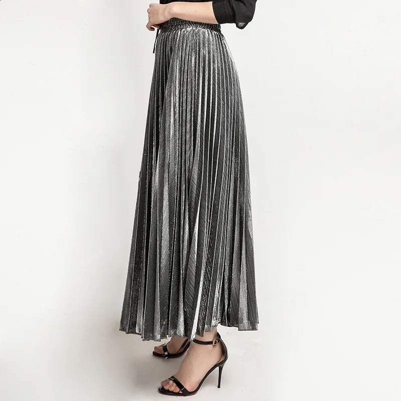Check Skirt Pleated Maxi Skirt High Waist Harajuku Large Swing Gold Long Skirts For Women XXL Saias 250421