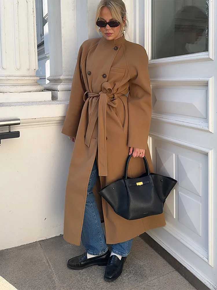 Fashion Faux Wool Long Coat for Women Autumn Elegant Double Breasted Belts Jackets Chic Turn-down Collar Thick Outerwear J251124