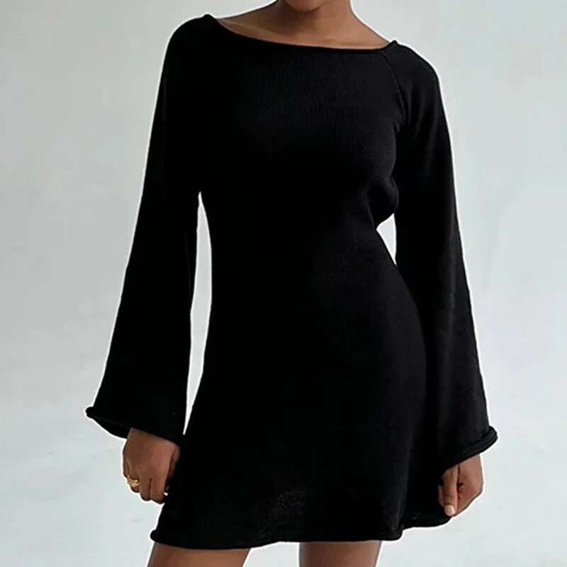 New Sexy Backless Round Collar Cover-Ups Solid Color Knit Beachwear Stylish Horn Sleeve Beach Suit Female Holiday Wrap Dress