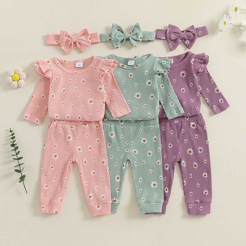 Clothing Sets 2024-06-13 Lioraitiin Baby Girl Ribbed Outfit Print Long Sleeve Romper Elastic Waist Pants Headband 3Pcs Set for Fall R250424