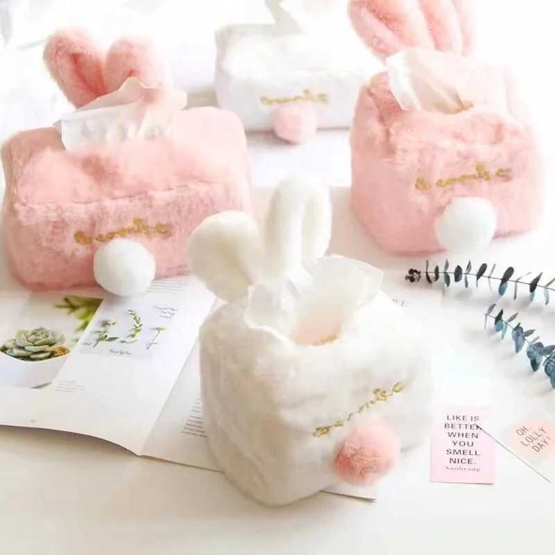 Kawaii Tissue Cover Cute Pink Plush Rabbit Tissues Storage Box Preppy Girls Home Decoration Gift Toilet Paper Holder Napkin CaseM251124