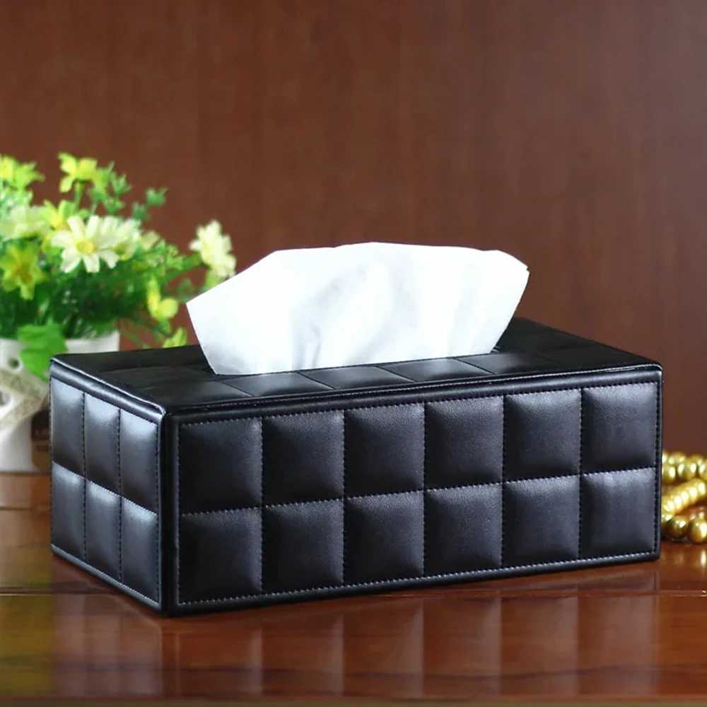 Black Leather Tissue Box Rectangular Paper Holder Car Line Grid Tissue Box Case Living Room Napkin Container Organizer HolderM251124