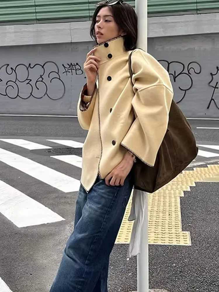 HH Elegant Womens Loose High Collar Woolen Jacket 2025 Autumn Winter Long Sleeve Wide Shoulder Office Lady Street Outwears J251124