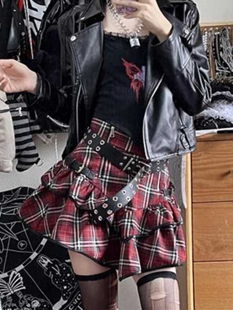 AltGoth Punk Gothic Red Checkered Skirt Womens Retro Y2k E-girl Emo Alt Waist Cake Skirt Harajuku Fairycore Grunge Clubwear M250424