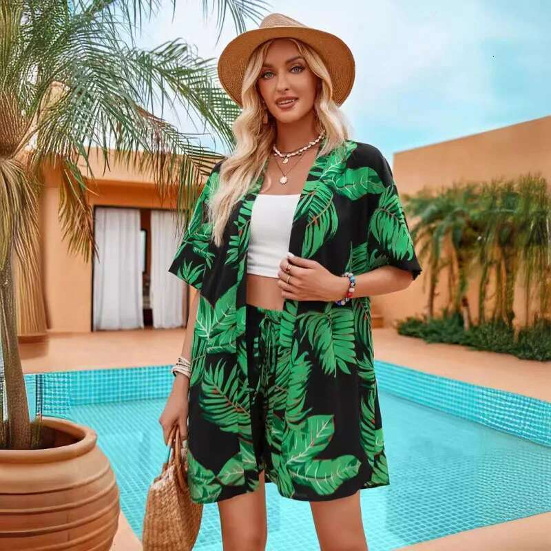 Summer New Women's Fashion Printed Casual Vacation Style Cardigan And Shorts Set