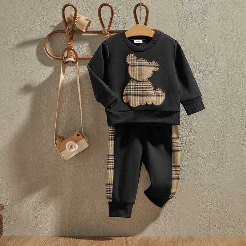 Clothing Sets 0-24M Baby Boy Clothes Black Outfit Fashion Bear Print Long Sleeve Sweatshirt Black Trousers 2Pcs Clothes Set for Infant R250424 TBF1