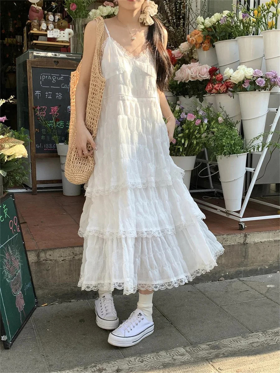 Elegant ruffled lace ribbon dress for women in fashion solid sleeveless long dress French sweet girl vest summer holiday dress 250423