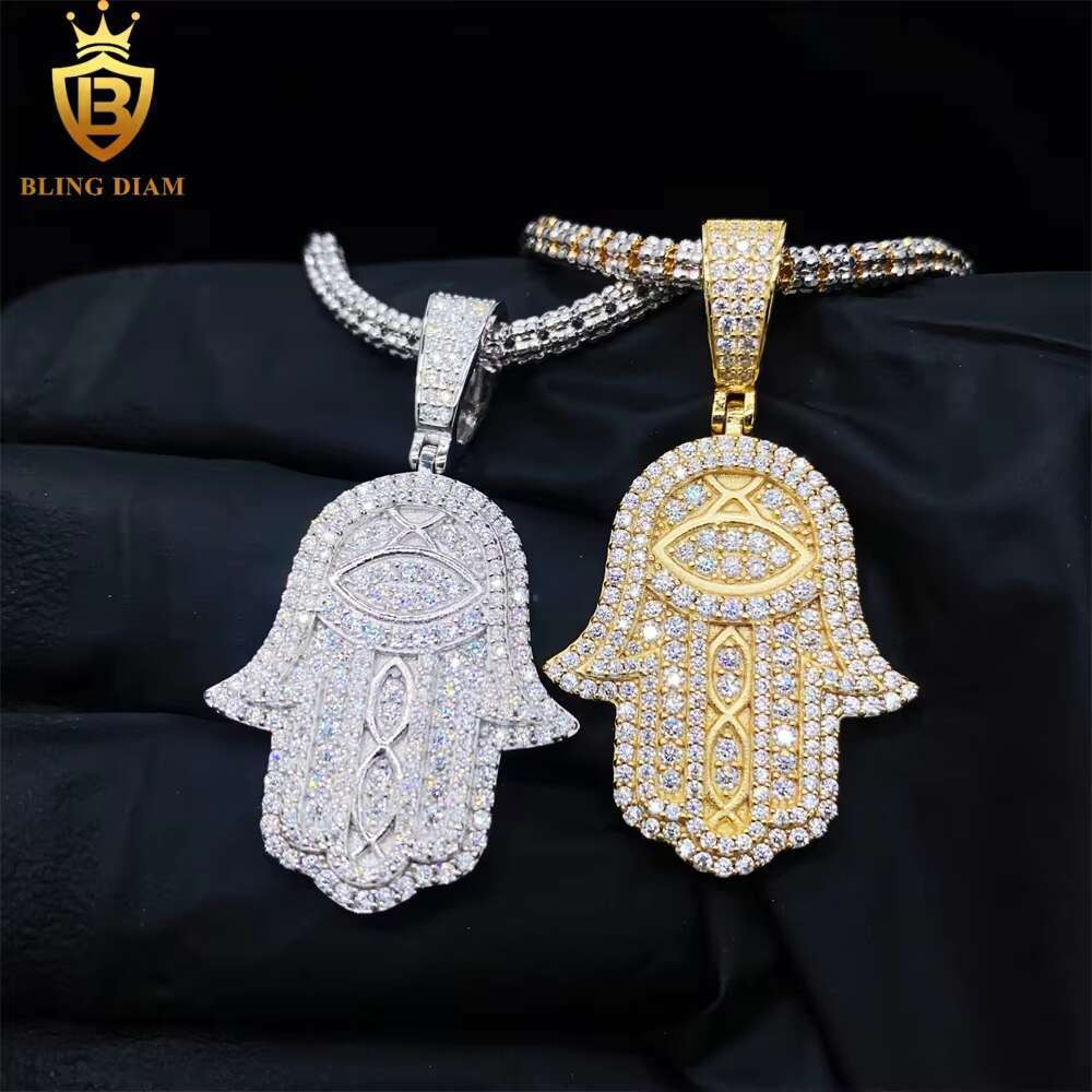 Gra Certificate Hip Hop Jewelry 925 Sterling Silver Iced Out Moissanite Gold Plated Hamsa Hand Charm Pendant