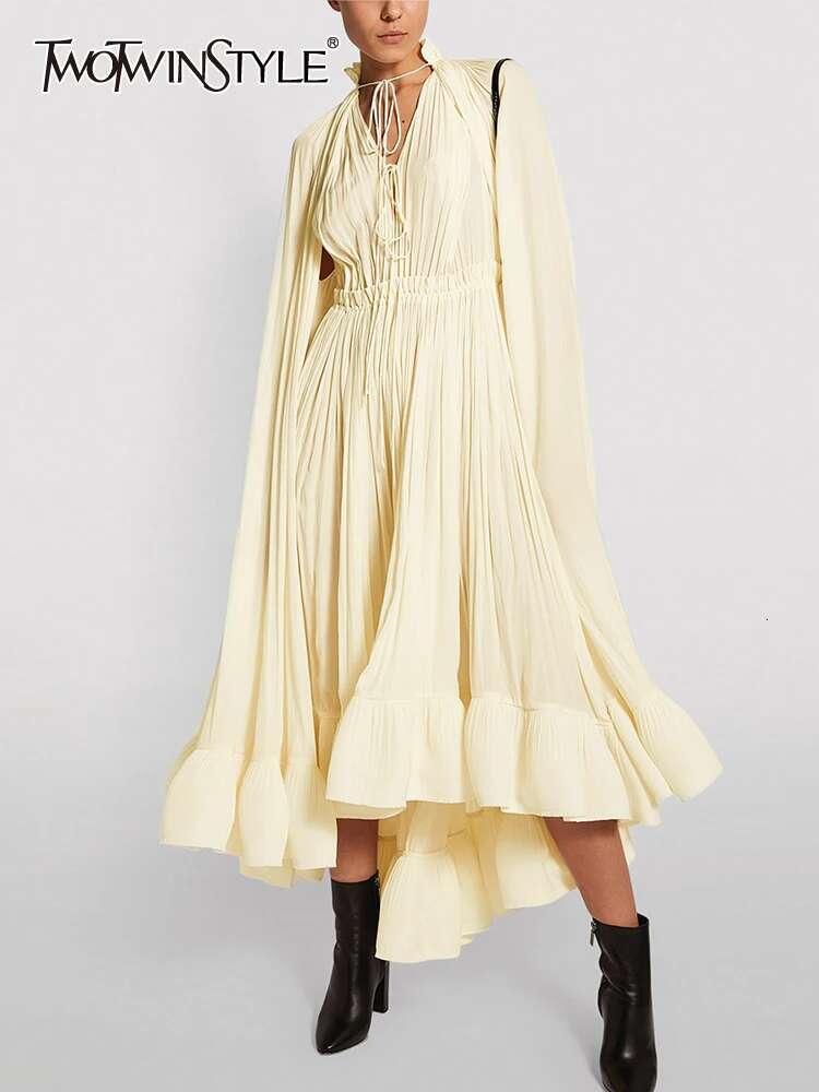TWOTWINSTYLE Elegant Solid Dresses For Women V Neck Cloak Sleeves High Waist Spliced Lace Up Ruffles Pleated Dress Female Summer