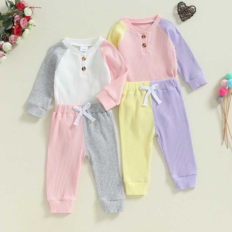 Clothing Sets 2024-05-31 Lioraitiin 0-18M Baby Girls 2 Piece Outfit Contrast Color Raglan Sleeves Romper and Elastic Pants Warm Clothes Set R250424