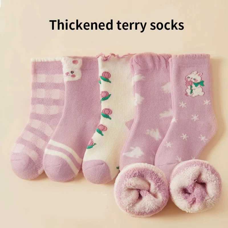 Girls Cherry Pink Winter Thickened Warm Socks Terry Cloth Light Pink Rabbit Pattern Childrens Socks 5-Pair Pack G251124