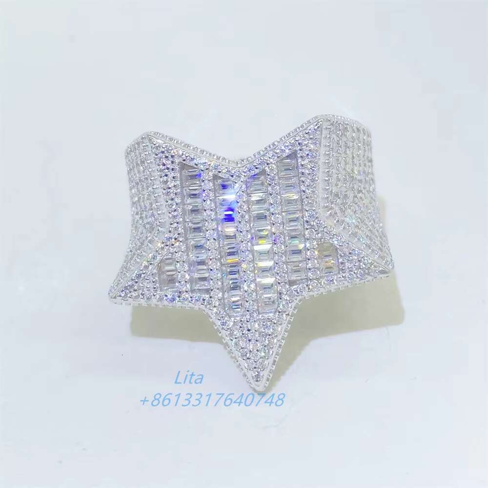 Ready to Ship Bling Star Ring baguette Cut Diamond Moissanite Ring Hip Hop Iced Out Mens Rings