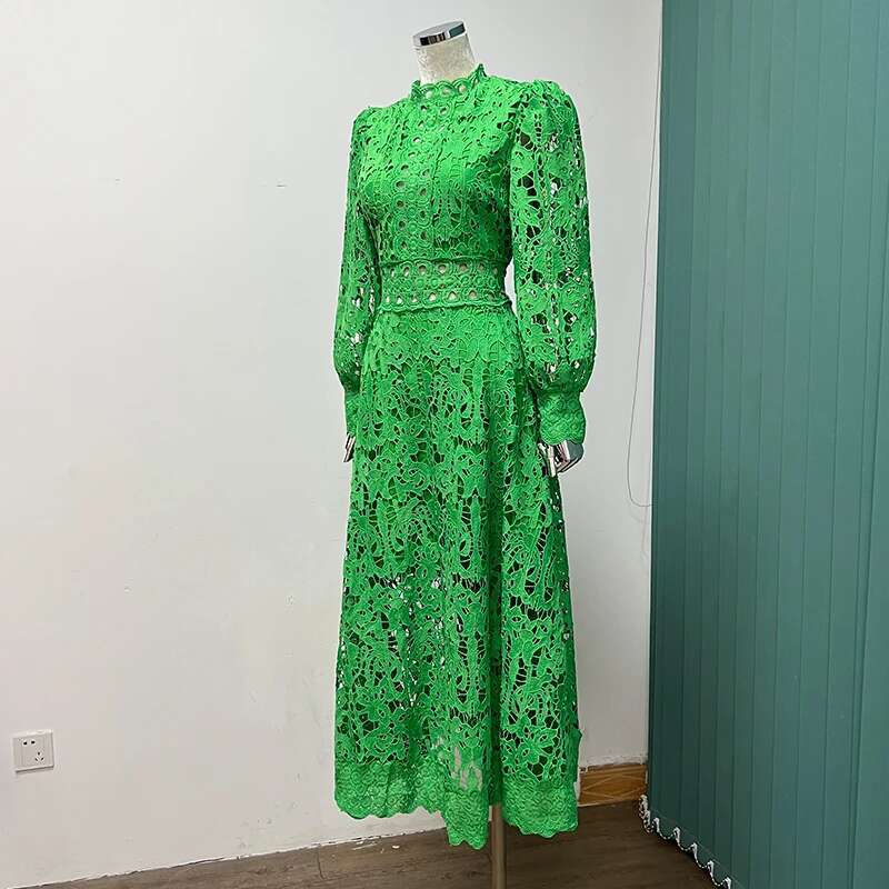 Lace Hollow Out Long Dresses Women 2025 Spring Holiday Full Sleeve Embroidery Elegant Party Vestidos Wedding Robe White