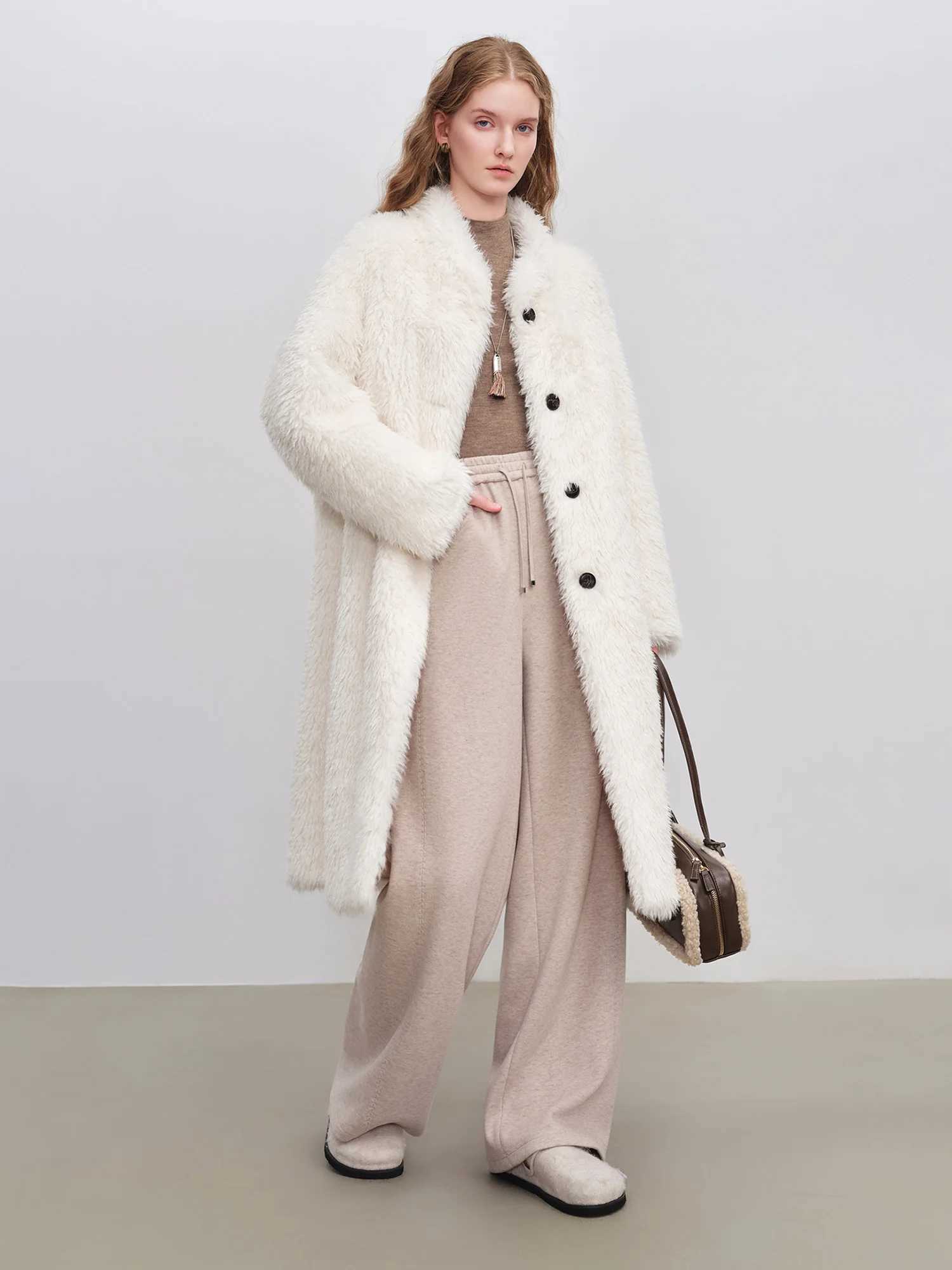 ZIQIAO Petite Womens Mid-Length Stand Collar Korean Style White Duck Eco-Friendly Faux Fur Coat 2025 Winter New Arrival Coats J251124