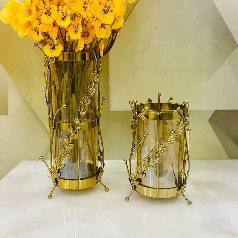 Luxury Metal Flower Vase European Style Glass Plant Pot Wedding Christmas Living Room Dining Table Home Decoration Artwork C251124