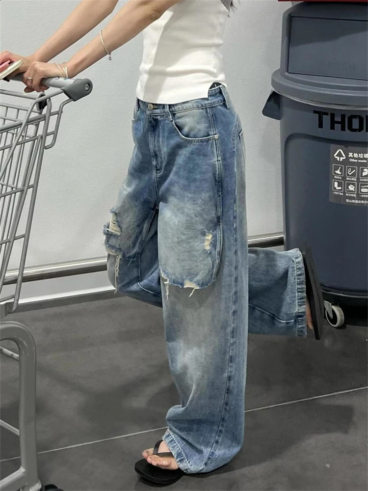 Womens patch work holiday twopiece n hole denim pants cool girl Trouser retro bottom womens high waist wide leg jeans 250417