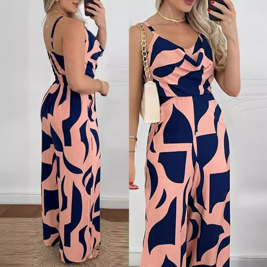 2024 Fashionable and Elegant Hanging Strap Open Back Waist Wide Leg jumpsuit for Women