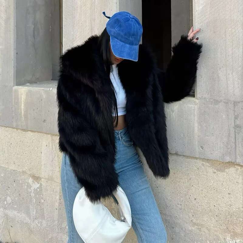 Designer Clothes TRAF Women Black Fluffy Women's Autumn Winter Faux Fur Coat Plush Outerwears White Gray Warm Cropped Jacket
