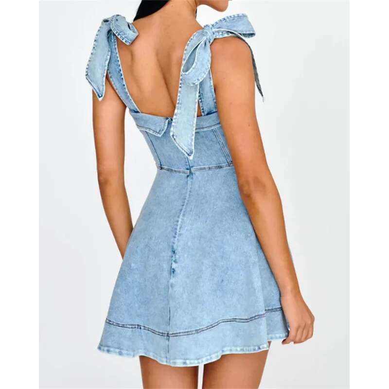 2024 Fashion Lace-Up Shoulder Straps Denim Dresses Summer Casual Backless Dress Female High Waist Suspenders Pleated Short Gown
