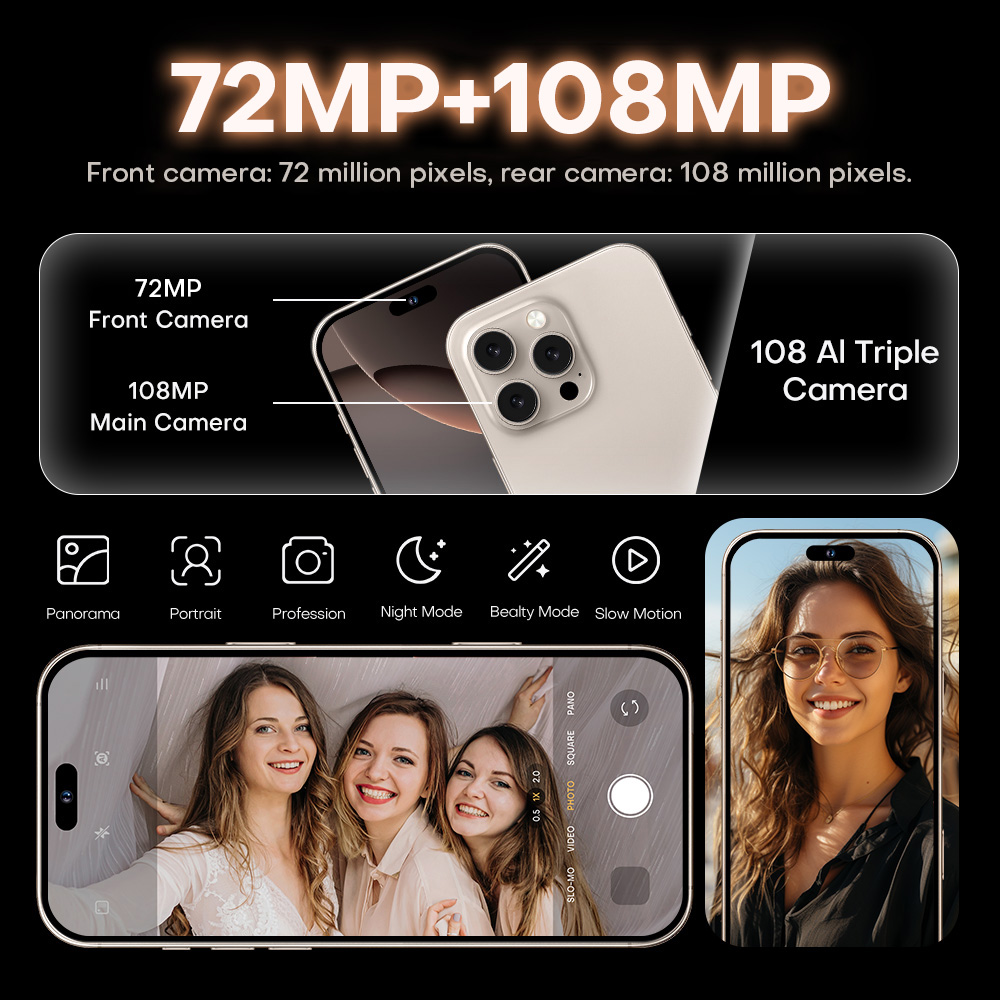 i16 Pro Max Android Phone 7.3-inch HD,Android 14 ,Snapdragon 8 Gen 3 CPU,16GB+1TB ,72MP+108MP Camera Pixels, 8000mAh Battery 5G Dual Sim Card,Global V