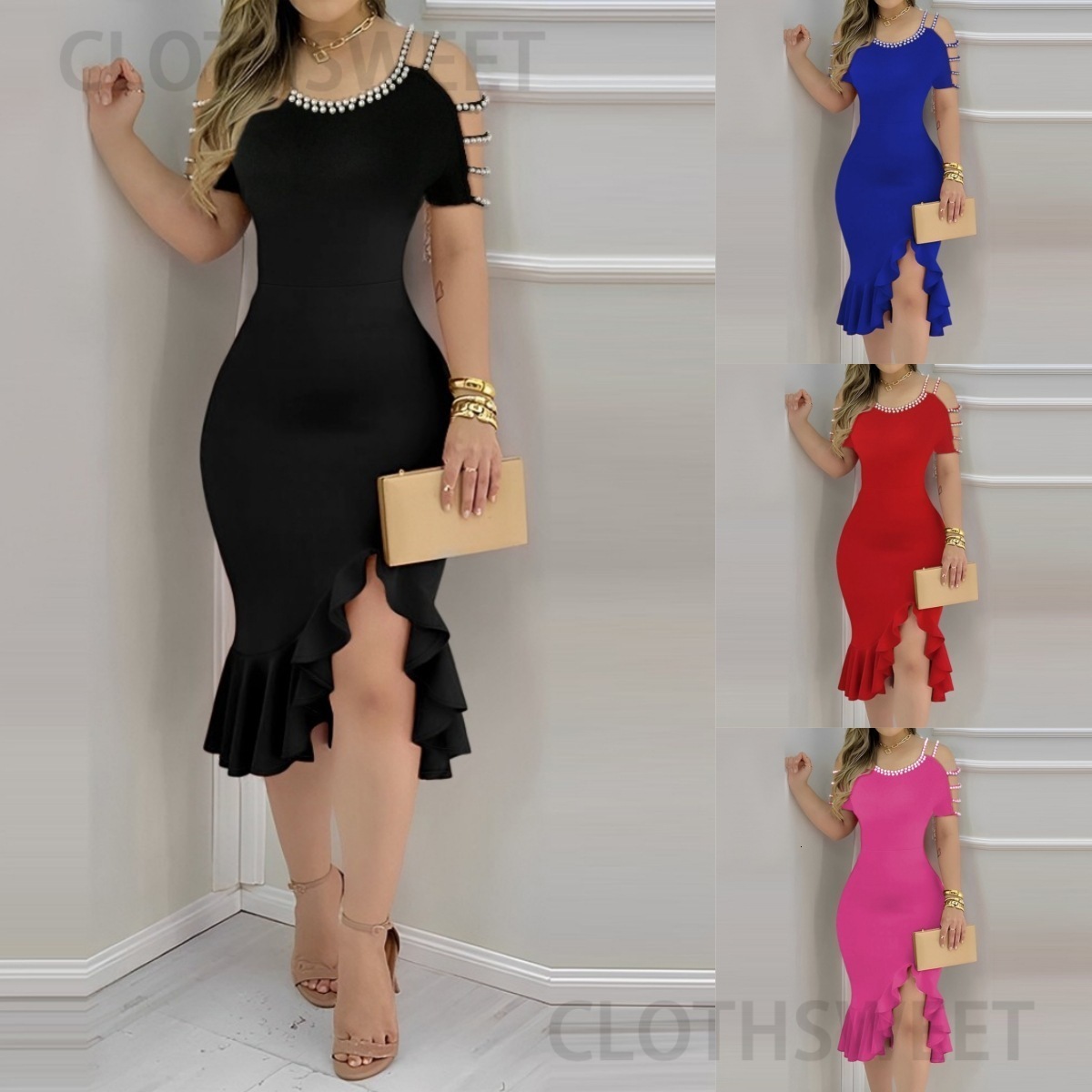 2024 Summer Tight Ruffle Split Pearl Decorative Dress for Women
