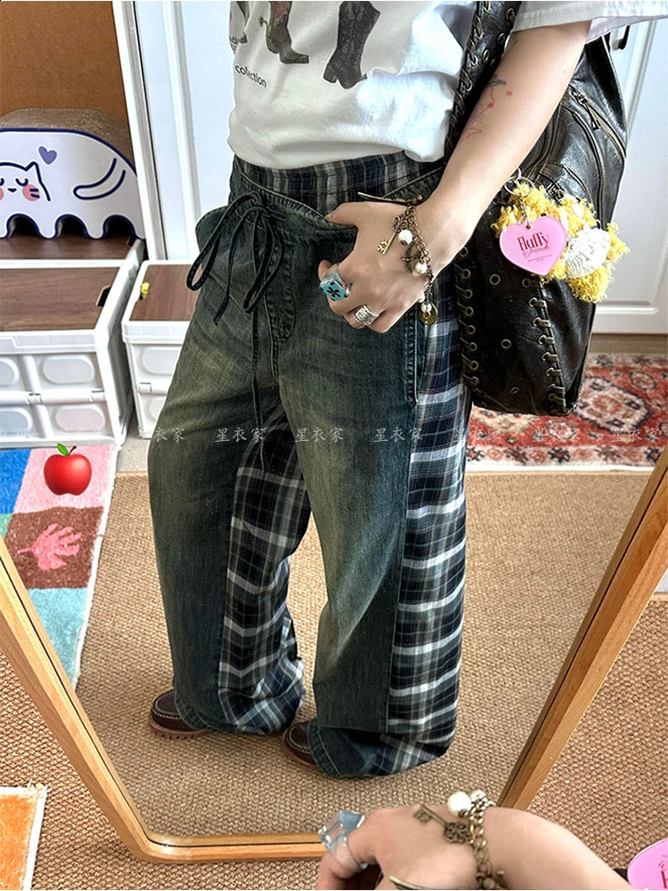 Womens Y2k bagged jeans Harajuku Japan 2000s style oversized splicing work plain denim Trouser retro jeans garbage clothing 250422