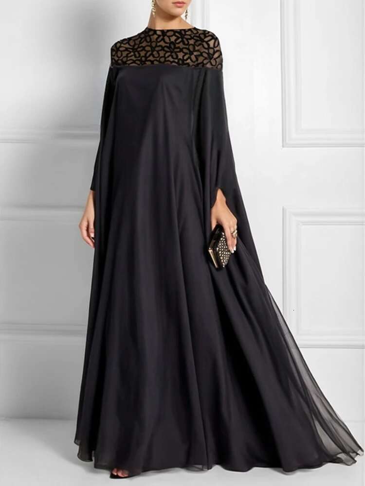 Batwing Sleeves Party Dress For Women See-Through Maxi Dresses New Casual Hook Pattern Hollow Round-Neck Robes Female