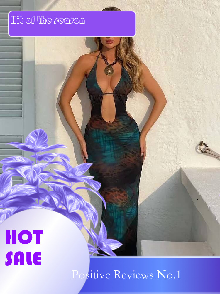 Dongdumaoyi Townlike Print Maxi Long Slim Bodycon Dress Women Halter Spring Summer Deep V Neck Backless Sexy Party Dresses