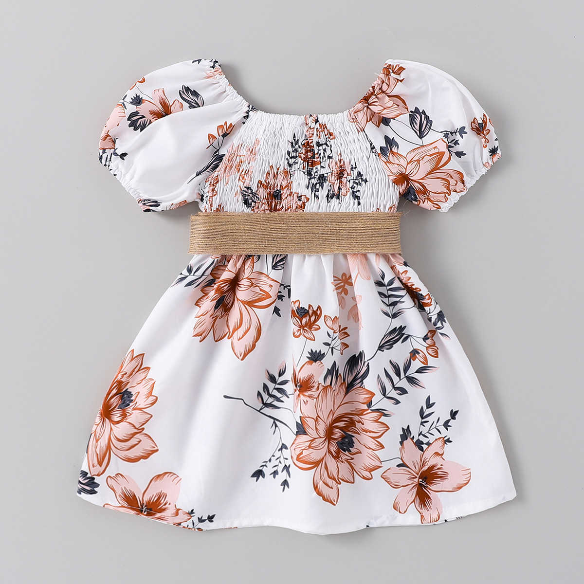 Summer Girls Vacation Style Floral Dress with Pleated Sleeves and Waist Belt Two-piece Fashionable Princess Dress Y250423i2lw