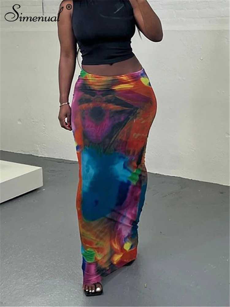 Simenual Harajuku Aesthetics Multi Printed High Waist Long Skirts Women Cyber Y2K Package Hip Skirt Chic Holiday Outfits Slim M250424