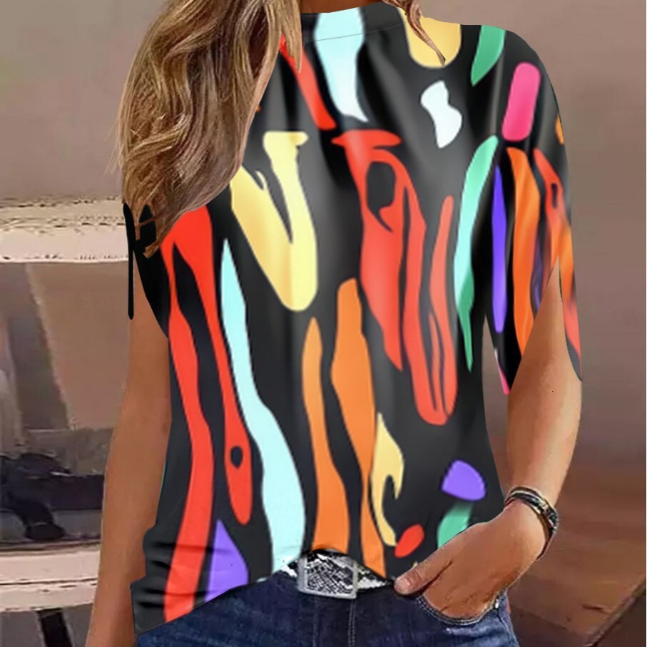 2023 new womens casual round neck regular pullover digital printed shirt for women