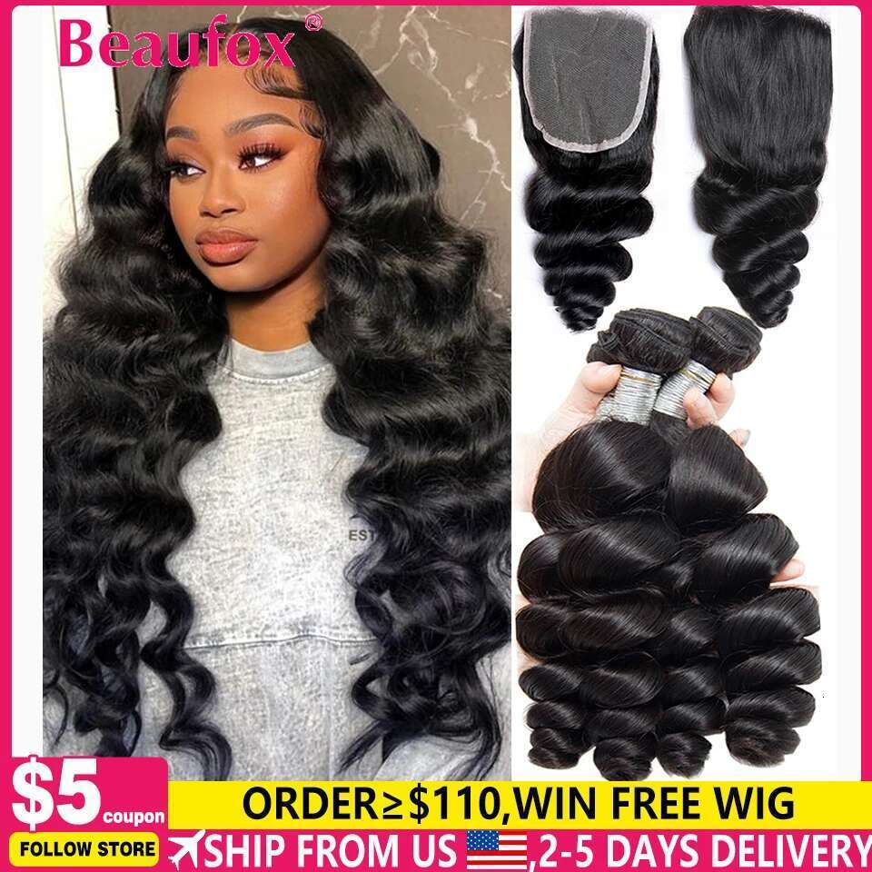 Beaufox Loose Wave Indian Weave 3/4 Bundles With Lace Closure Wavy Human Hair Extensions