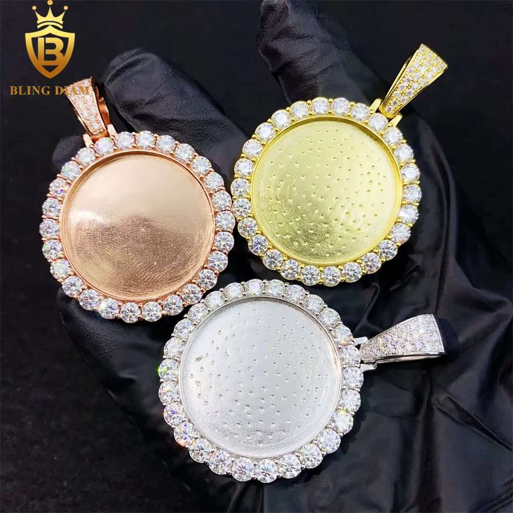Blingdiam Jewelry Custom Photo Circle Pendant Bulk Vvs Moissanite Big Diamond 925 Sterling Silver Gold Plated