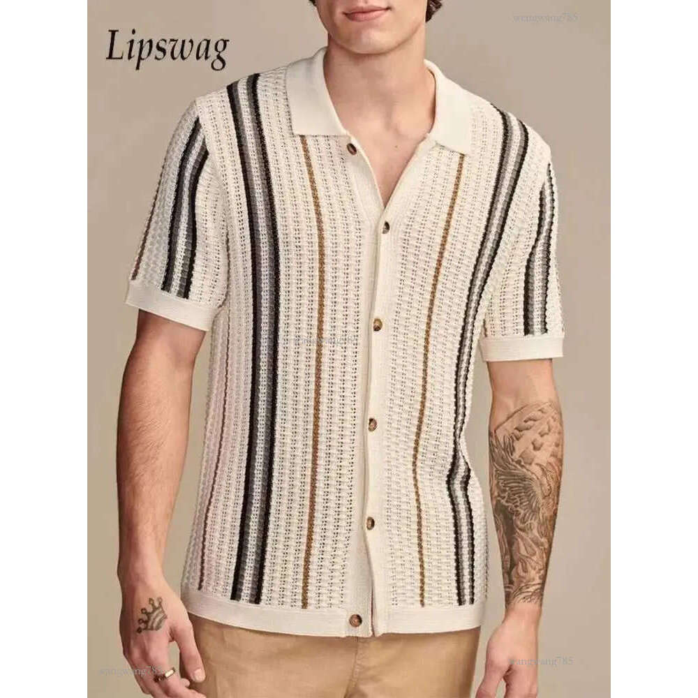 Luxury mens knitted shirt summer breathable slim fit short sleeved knitted casual shirt mens retro striped crochet knitted shirt W250211