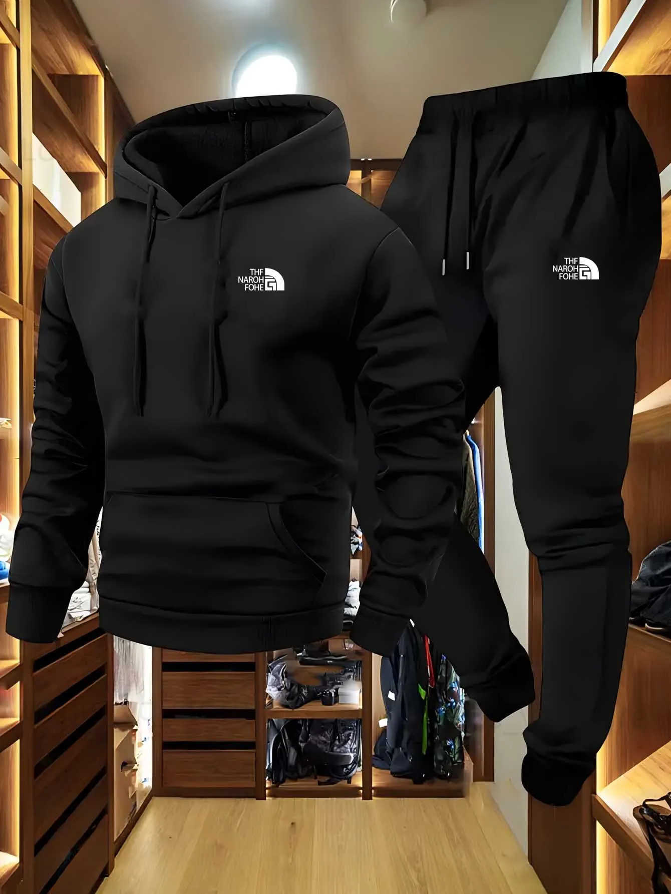 Mens Autumn and Winter Pattern Casual Two-Piece Set Hooded Sweatshirt and Pants with Pockets Regular Fit Outdoor Sport Suit T251124