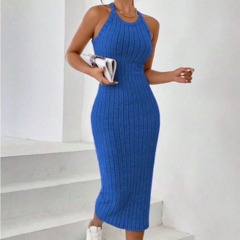2025 New Women's Round Neck Solid Color Dress Versatile Non Fork Waist Knitted Shirt Backless
