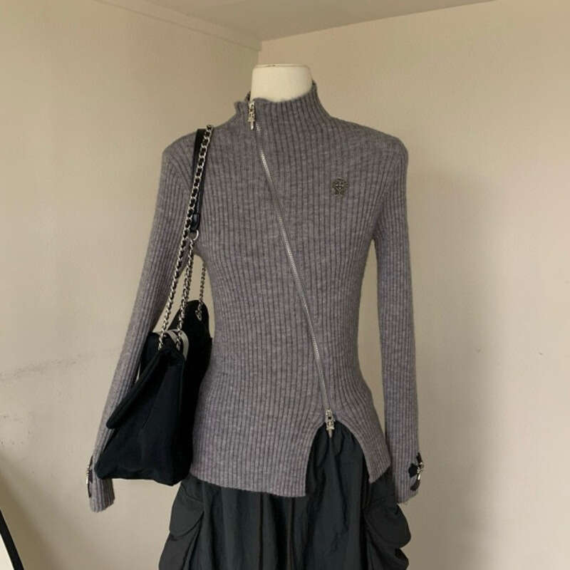 Designer Sweater For Women Luxury Korean Export Ribbed Stand Collar Sweater Coat for Women Winter Design Double Zipper Knitted Top