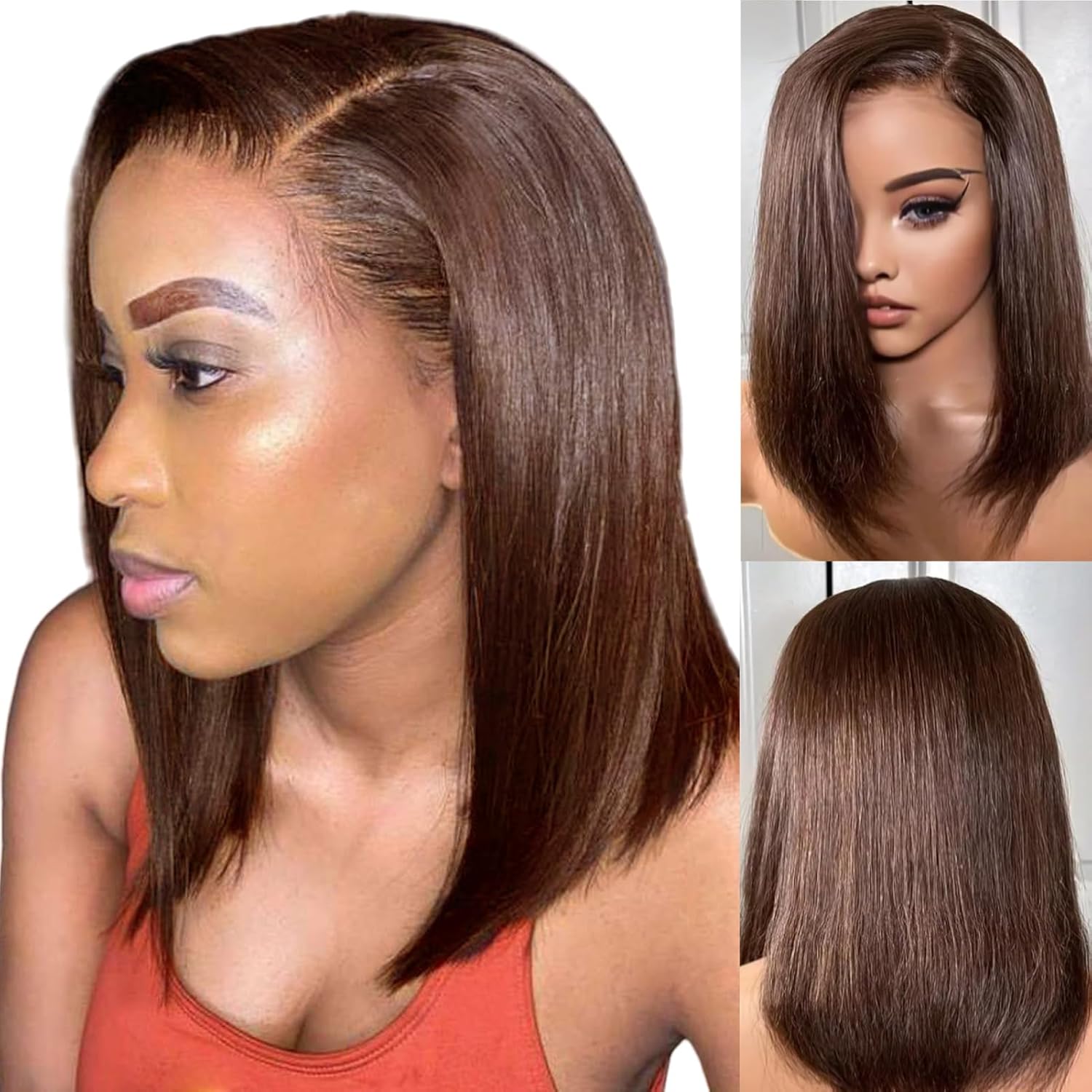 Honey Brown HD Short Bob Straight Wig 13x4 Glueless Closure Wig Lace Front Human Hair Wigs for Women Pre Plucked Bob Wigs Human Hair Transparent Lace 