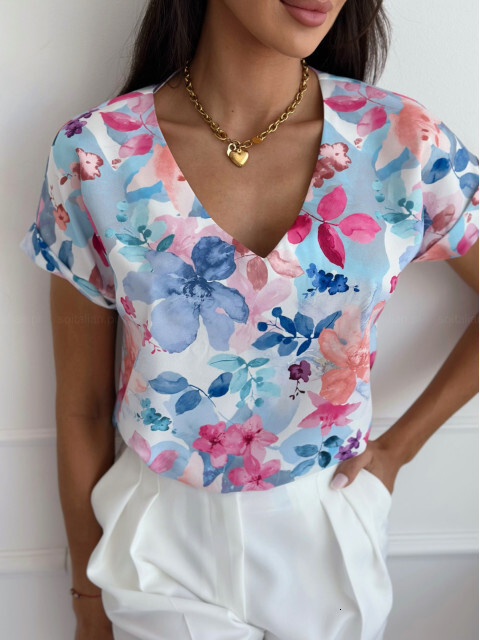 2024 summer simple and fashionable printed V-neck loose short sleeved shirt for women