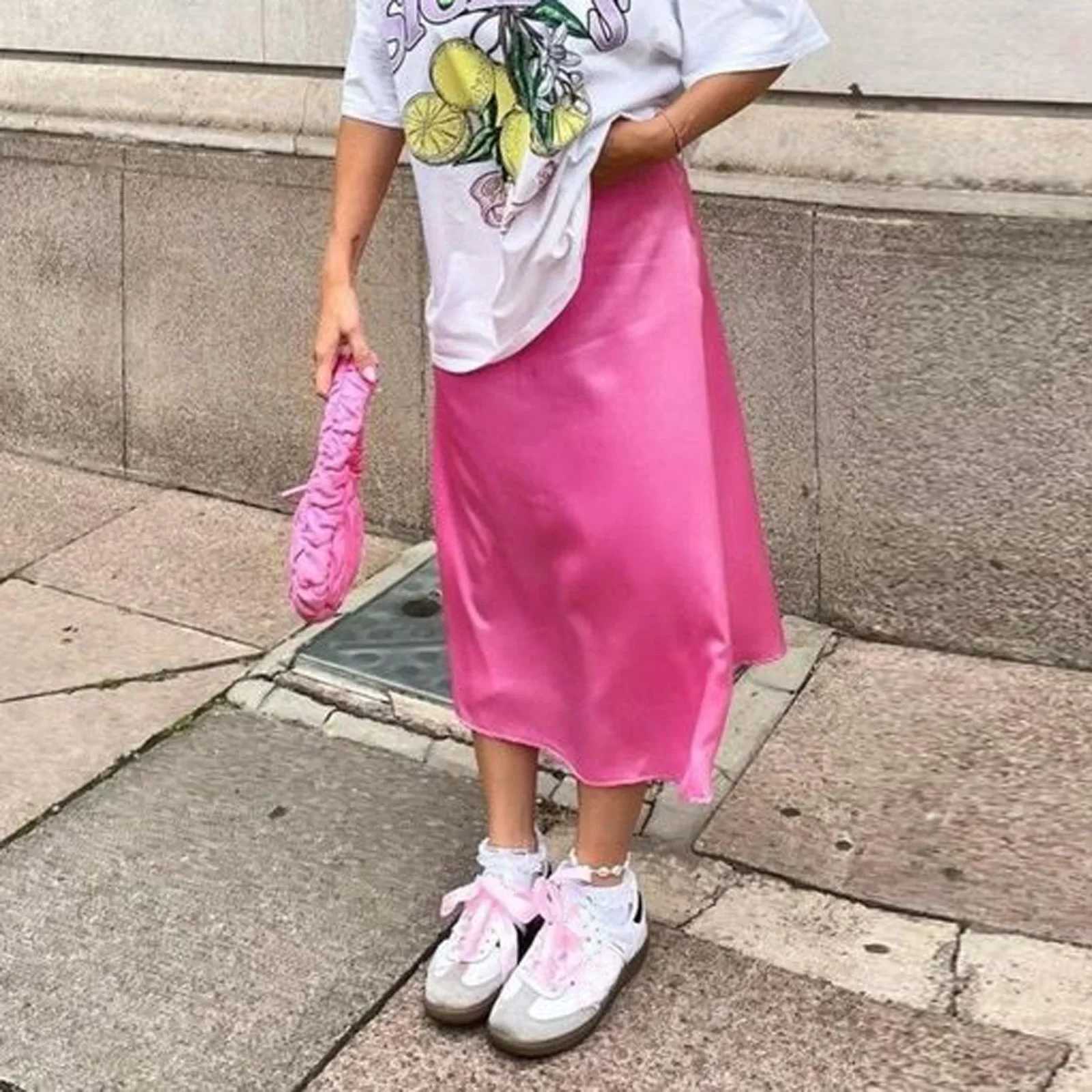 Summer Chic Office Satin Midi Skirt Womens Fashion Korean Casual High Waist Elegant Ultra Thin Long Fashion Womens Office Women M250424
