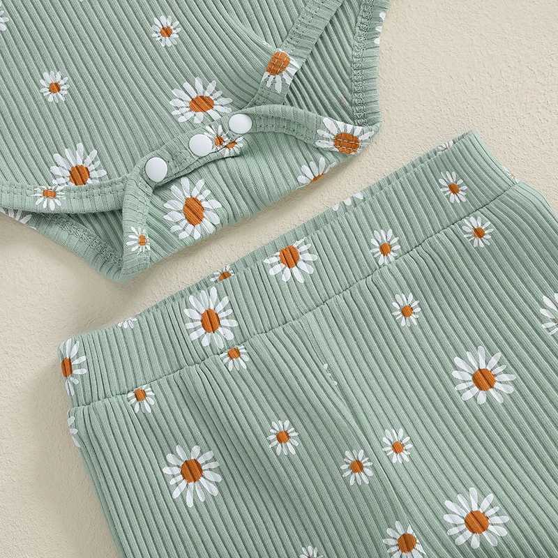 Clothing Sets 2024-06-13 Lioraitiin Baby Girl Ribbed Outfit Print Long Sleeve Romper Elastic Waist Pants Headband 3Pcs Set for Fall R250424