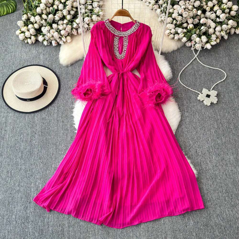 Quality 2025 Spring Crystal Loose Full Sleeve Maxi Pleated Chiffon Dress For Women Elegant Prom Evening Party Long Dresses Lady