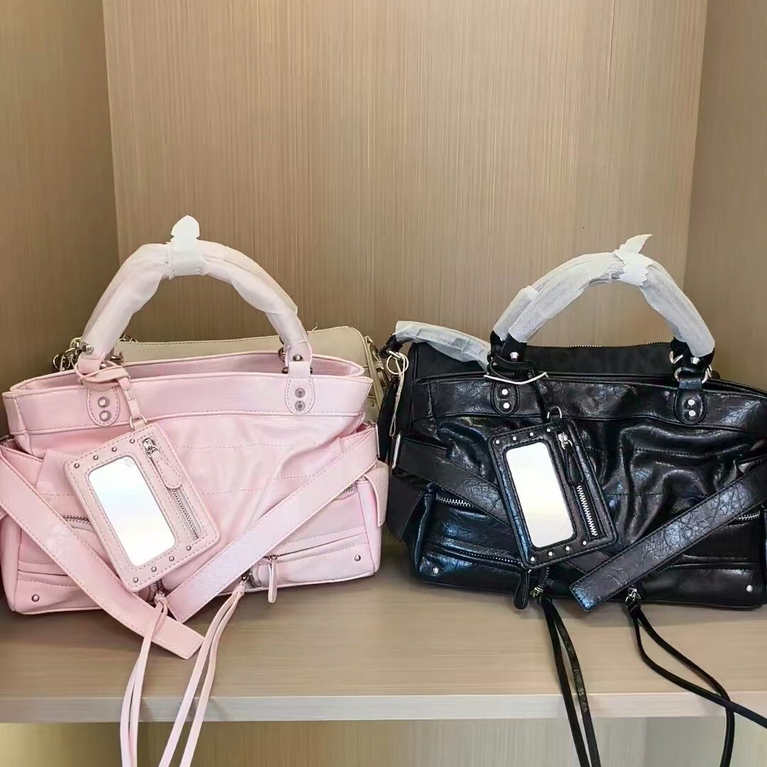 Pastel Pink Waxed Leather Motorcycle Bag, Multi-Way Crossbody Bag with Detachable Phone Pouch & Rivet Decor