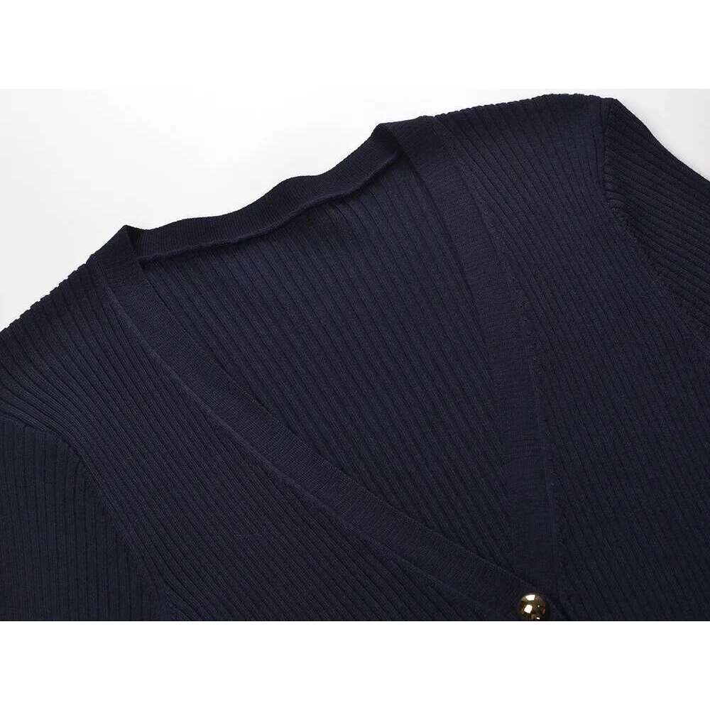 Designer Women's Clothing Navy Blue Vertical Striped Knitted Cardigan Simple Fashionable Slim And Versatile V-Neck Top 2025 Spring New Style