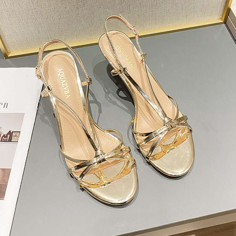 Woman Sandals Golden High Heeled Shoes For Women New Summer A Slim Heel Elegant Socialite With Exposed Toe Sandals French Style Dress