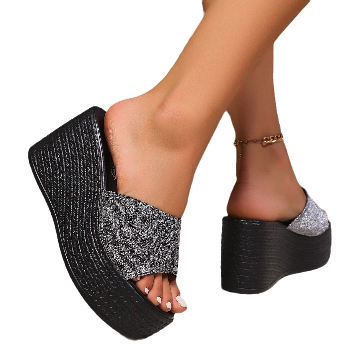 Free shipping plus size wedge heel slippers for women wearing super high heels, thick soled fish mouth sandals for women, beach and bathroom sandals