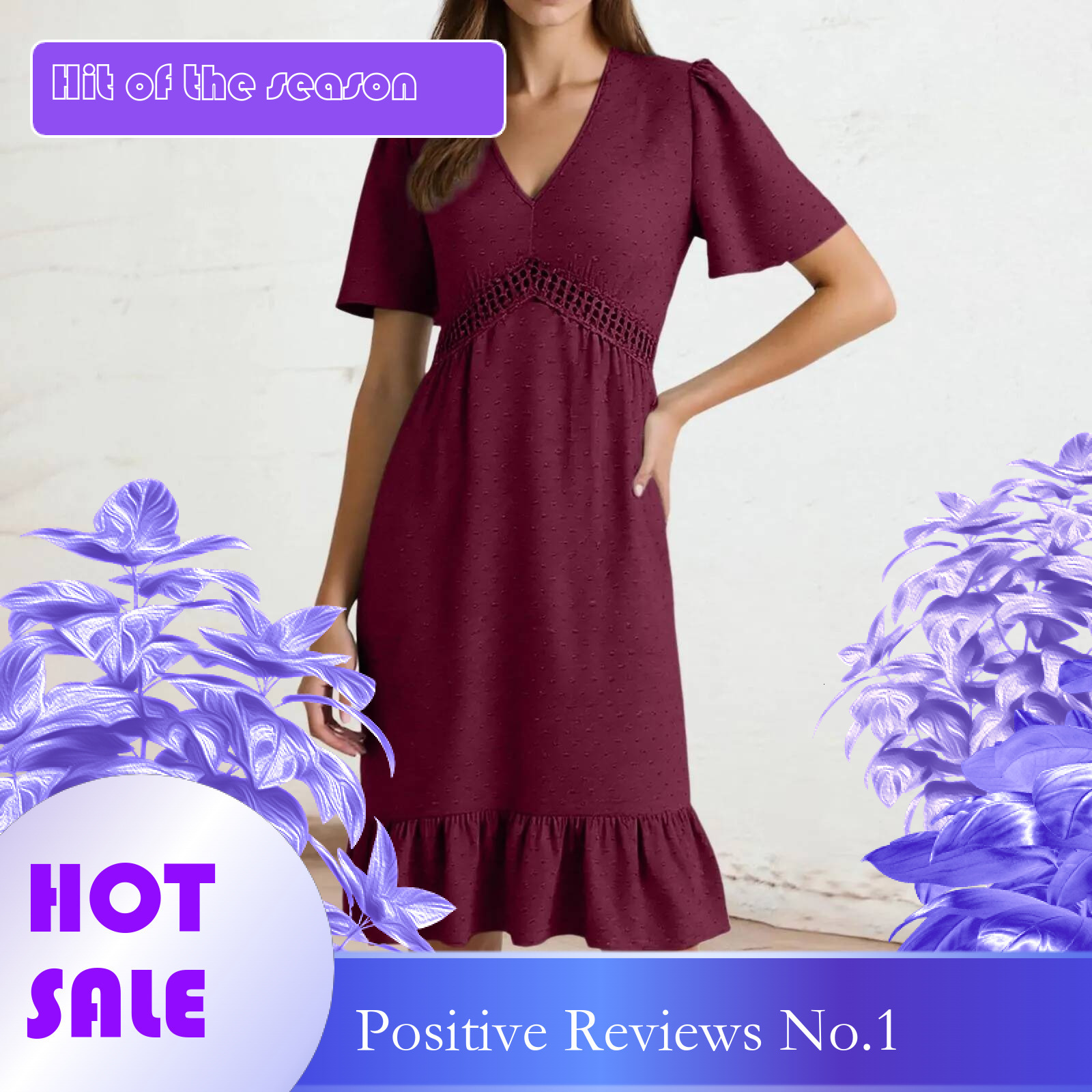 Dongdumaoyi Women Summer Beach Dress Dots Short Sleeve Casual V Neck Elastic Waistband Ruffled Edge Folds Skirt Regular